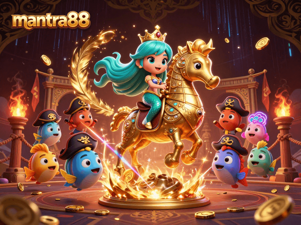 Get ready for mantra88 with a vibrant 3D casino scene featuring a mermaid princess, seahorse, and dynamic game elements.