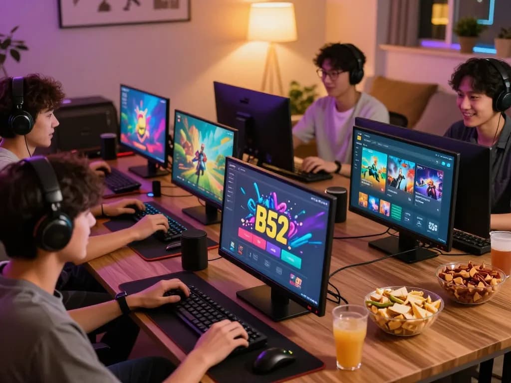 Players enjoying the B52 gaming experience with colorful graphics and a cozy atmosphere.