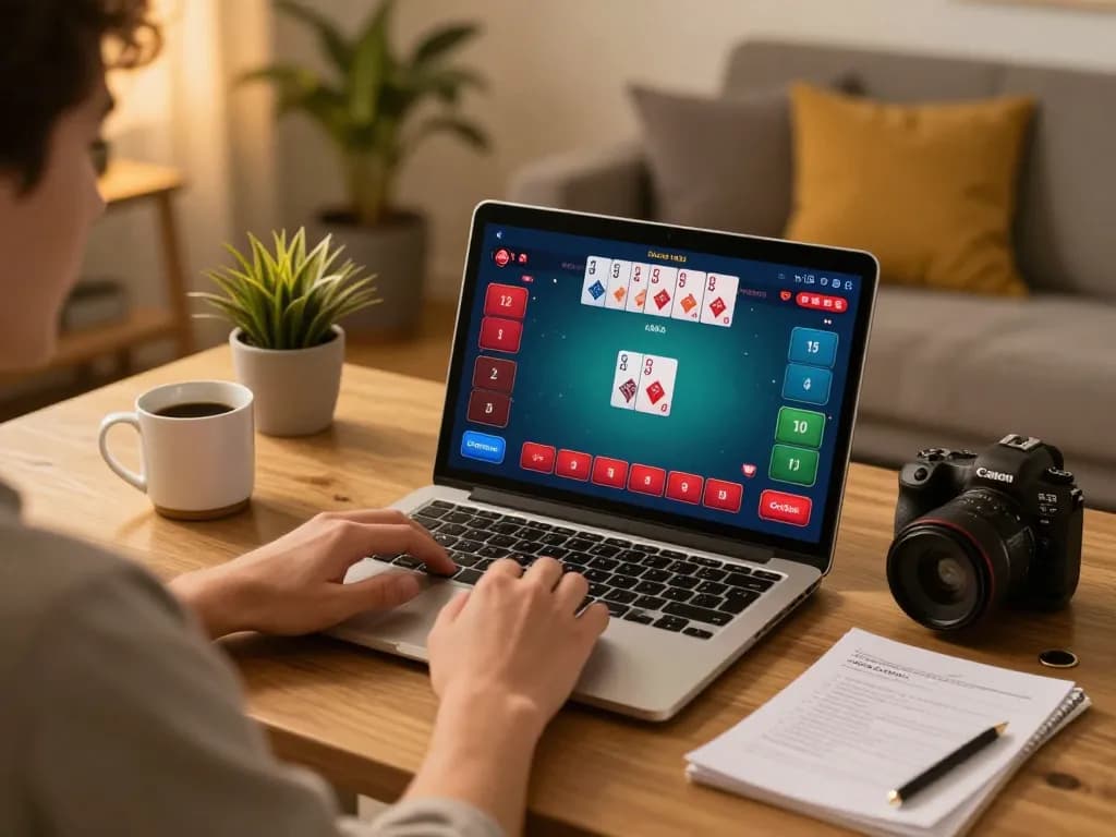 Player enjoying poker on F8BET's online platform from a cozy home environment, displaying engaging gameplay.