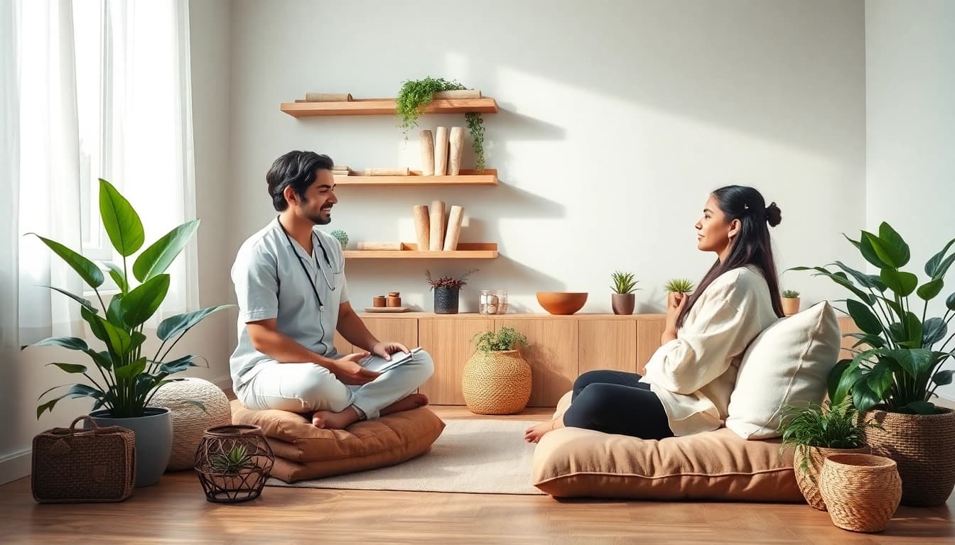Engaging Ayurveda Consultation session in a serene setting with a professional practitioner.