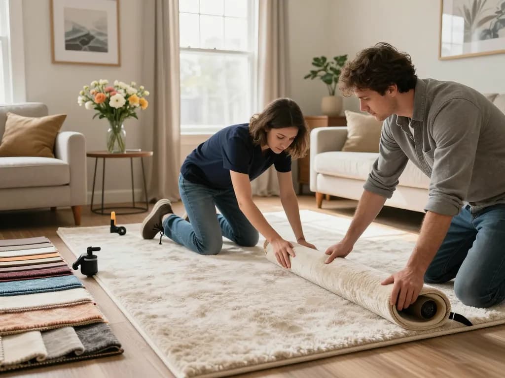 Residential carpet installation in a cozy living room, installer laying plush carpet with homeowner.