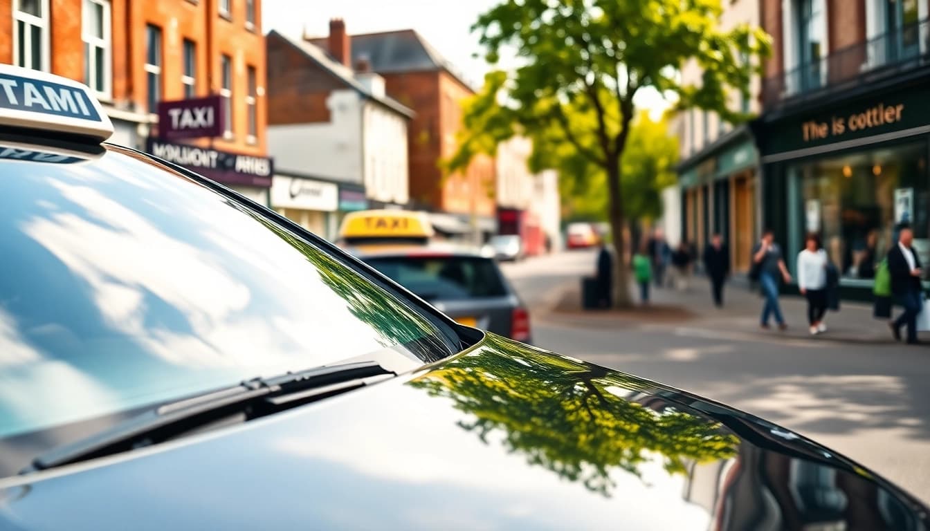 Taxi service in Thames Ditton highlighting a modern vehicle outside local landmarks.