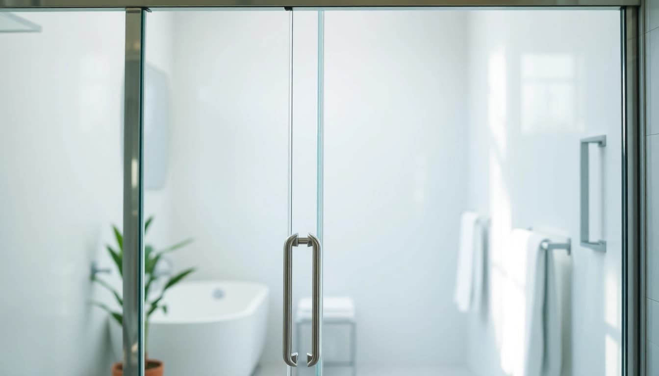 Showcase of stylish shower doors sliding, emphasizing sleek design and elegant chrome finish.