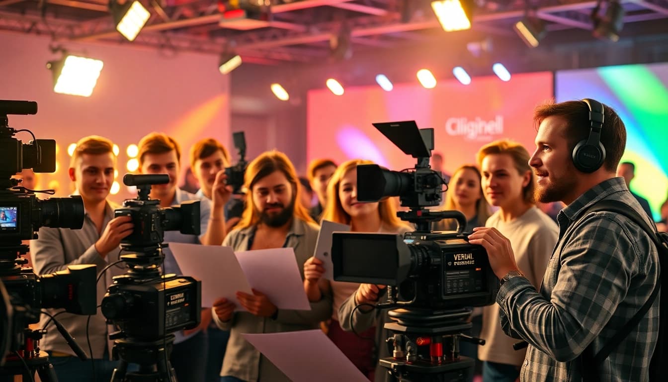Video production agency team engaged in a vibrant film set production process.