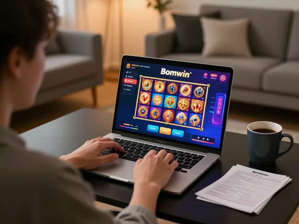 Engaging in Bomwin's online gaming experience with vibrant slot game action