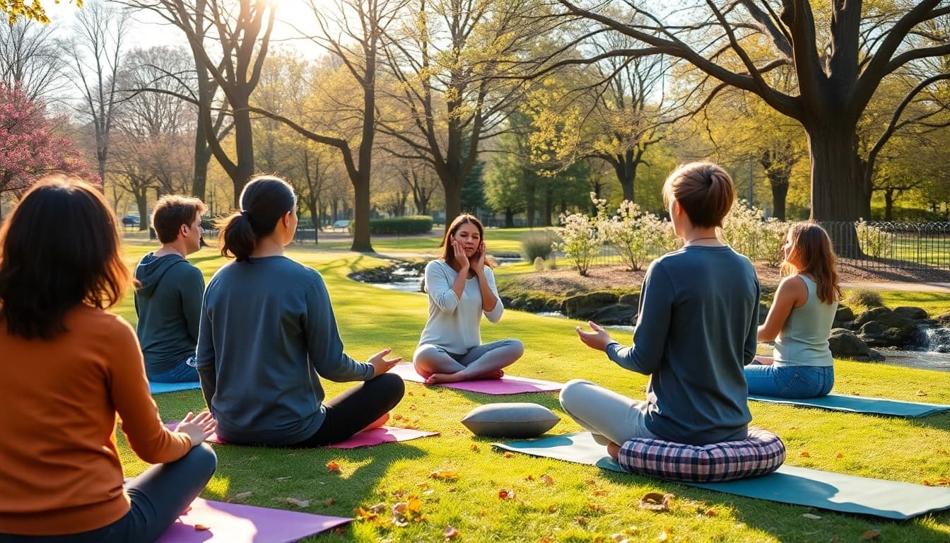 Engaged group meditation promoting mental wellness in an outdoor setting.