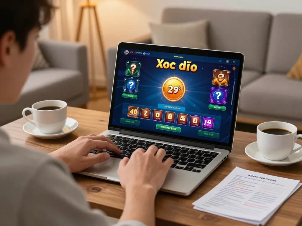 Player enjoying xóc đĩa online in a cozy home setting with betting notes and laptop.