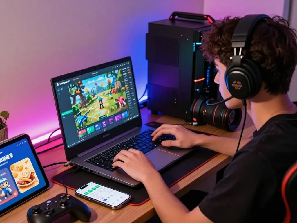 Exciting gaming session on Sunwin platform, featuring a user engaging with multiple gaming accessories, showcasing the vibrant gaming lifestyle.