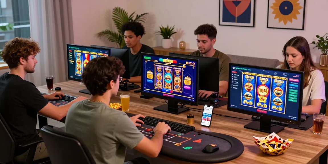 Players enjoying new UK casino sites from home, engaged with colorful slot games and promotions.