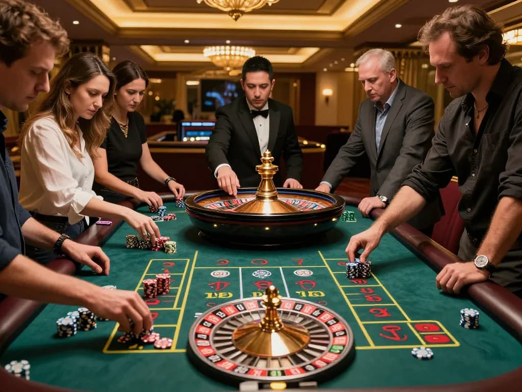 CM88 players engaging at a luxury roulette table, showcasing excitement and betting strategies.
