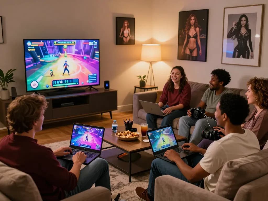 Exciting scene of adults enjoying various sex games online in a cozy living room.
