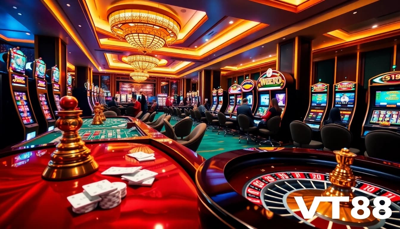 VT88 players engaged at luxurious casino tables, showcasing cards and chips.