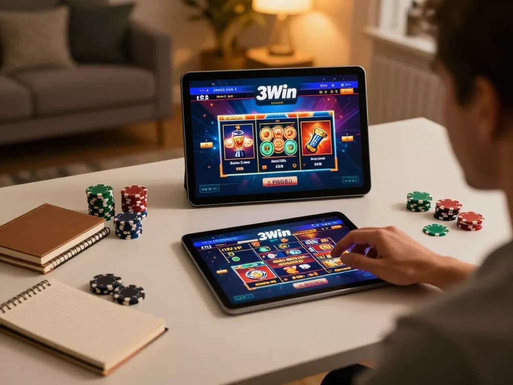 Playing online casino games on 3Win com while managing poker strategies at home desk.