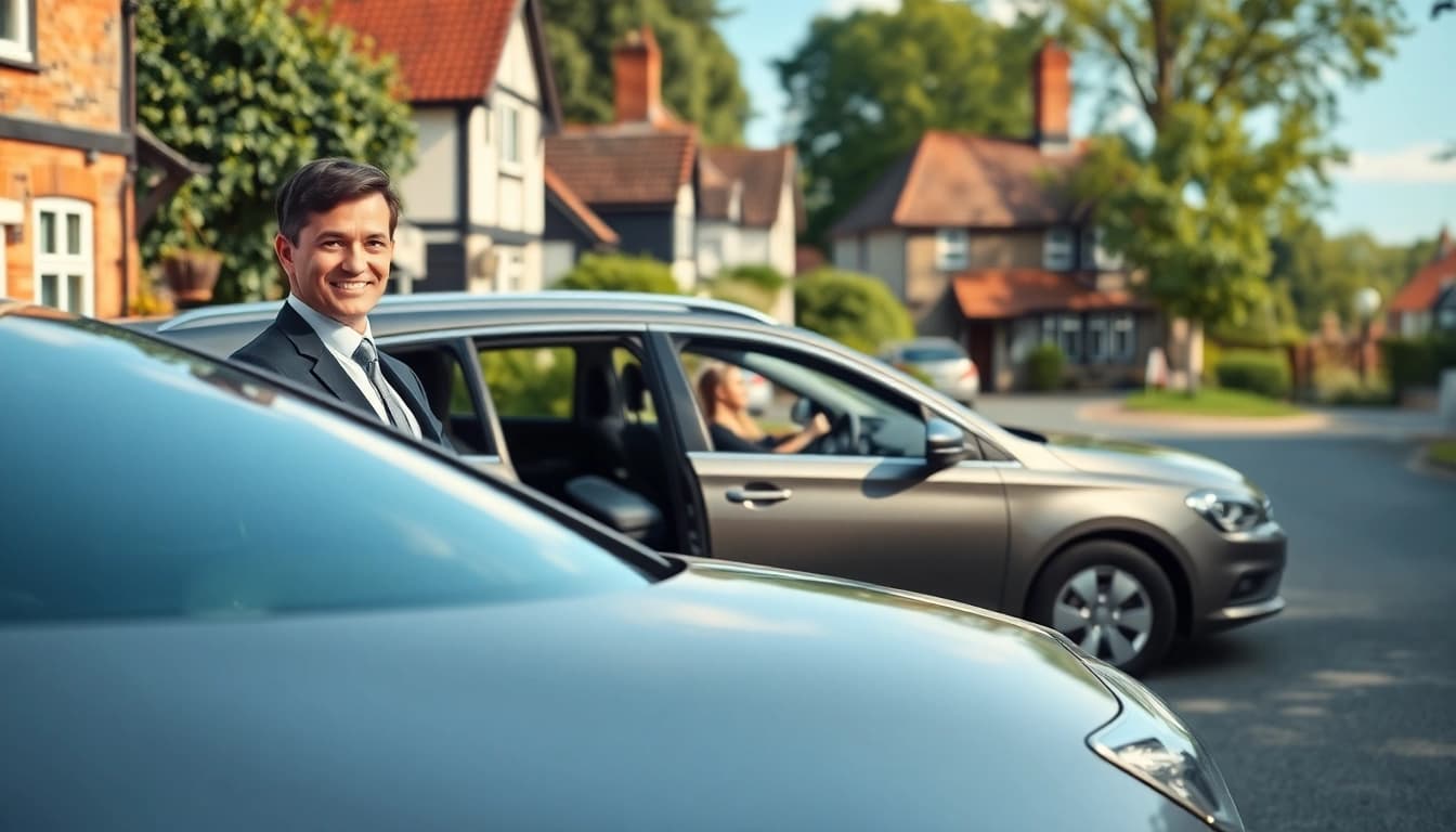 Taxi service in West Byfleet showcasing a welcoming driver beside a parked vehicle.