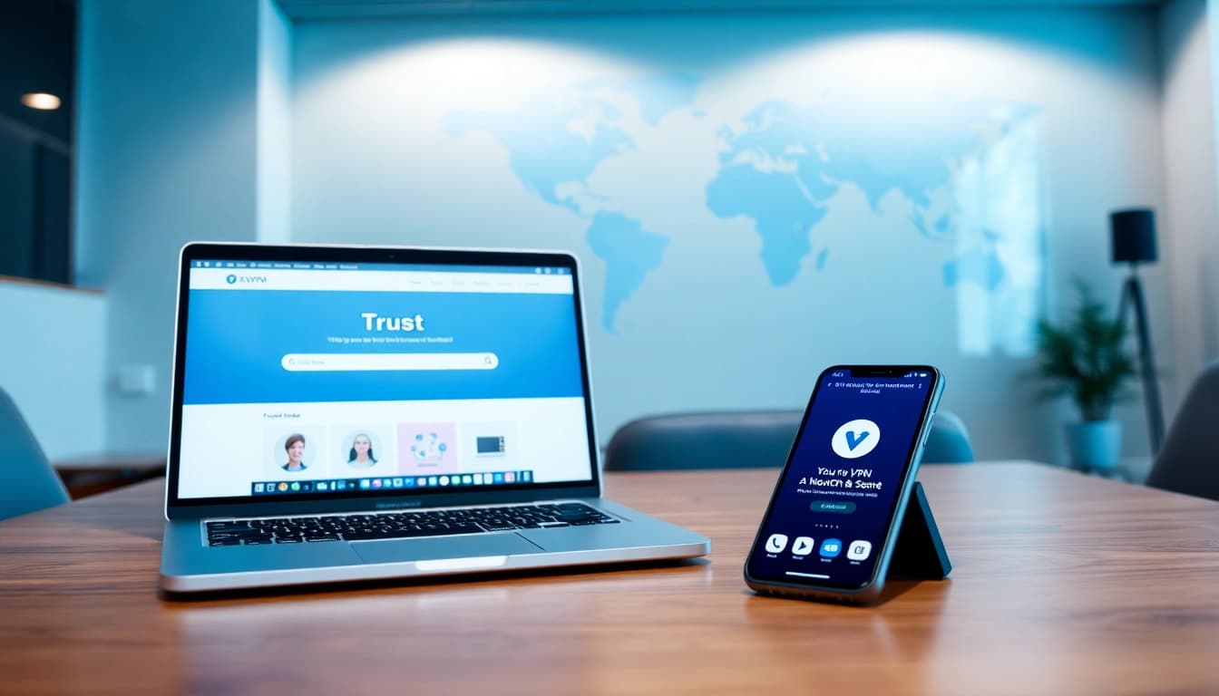 在现代办公室的笔记本电脑上展示 VPN 功能的快连官网界面。