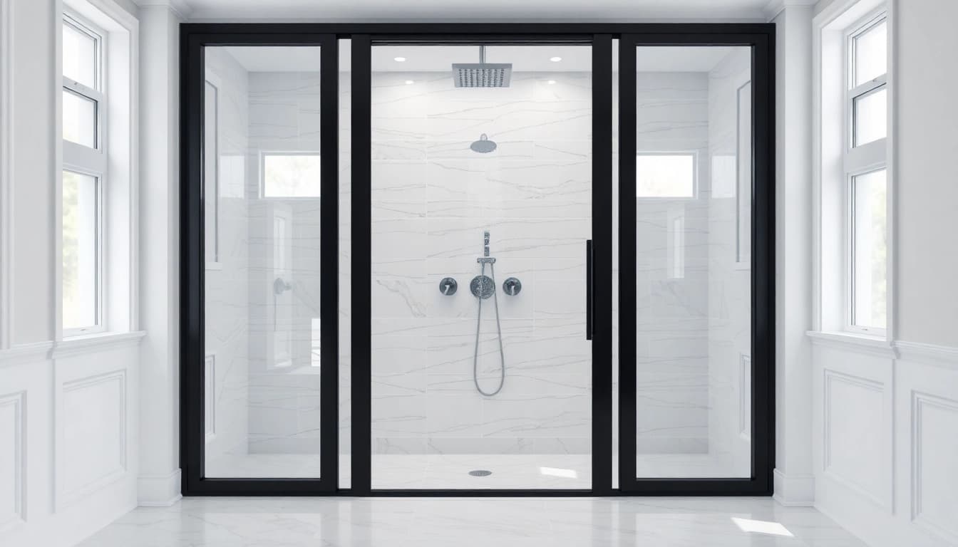 Elegant black frame shower doors enhance the modern bathroom design with premium black and glass features.