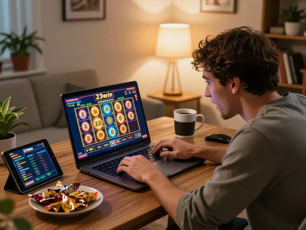 Player engaging with 23win's online slots on a laptop, surrounded by gaming snacks, in a cozy home setting.