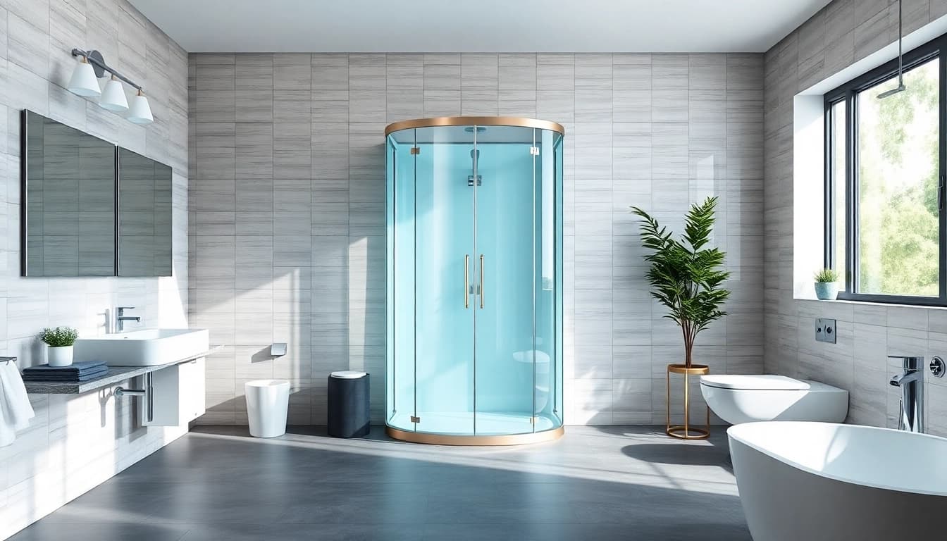 Die sonni Duschkabine in einem modernen Badezimmer-Design mit eleganten Details und sanfter Beleuchtung.