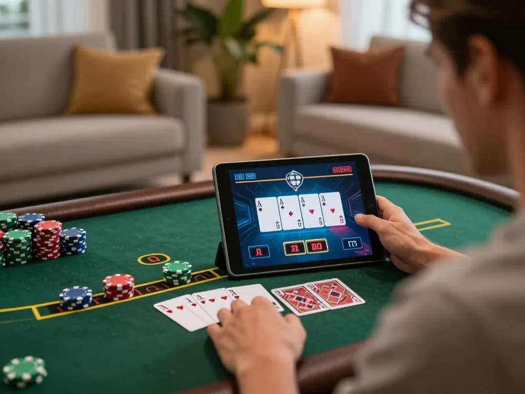 Engaging in thrilling blackjack action on the 8kbet online platform, showcasing a modern gaming setup.