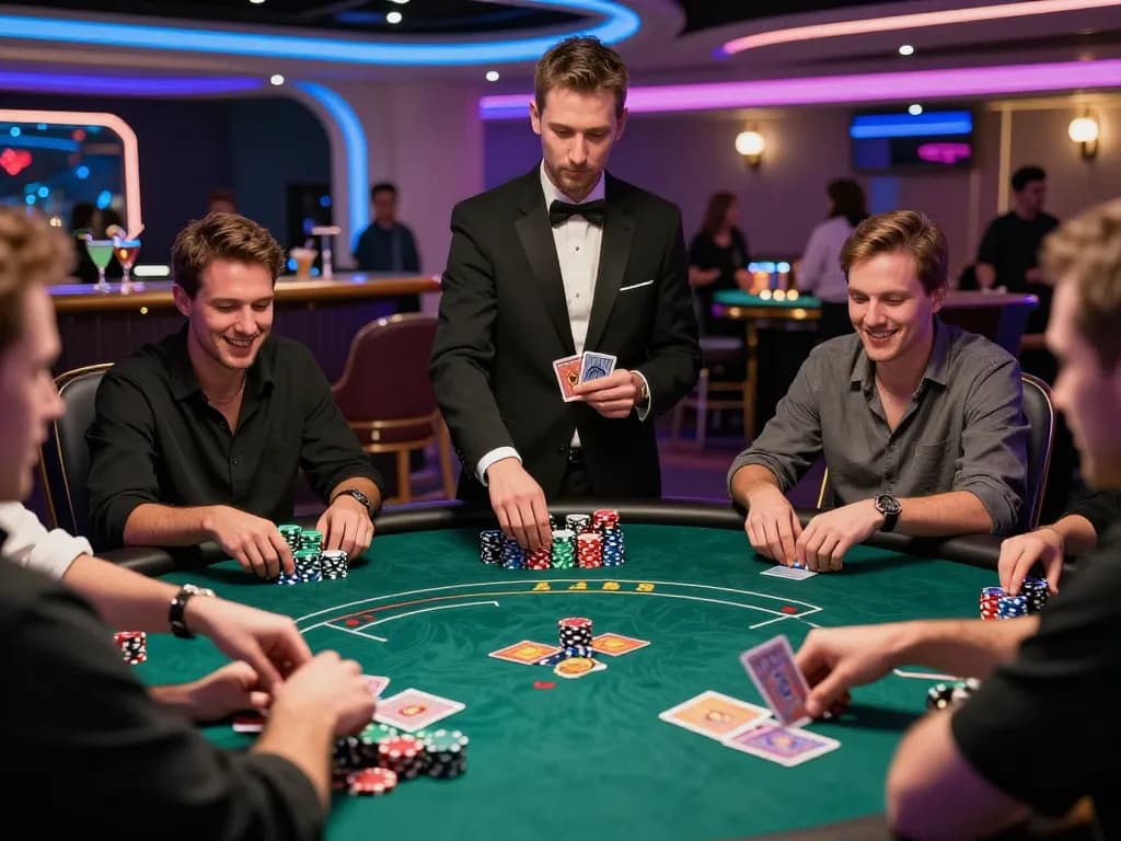 Players enjoying an exciting poker game at the luxurious Onbet casino, featuring vibrant chips and cards in action.
