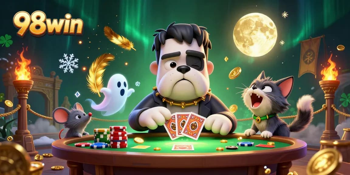 Engage in thrilling gameplay at 98win with a vibrant 3D scene of a bulldog dealer and a werewolf kitten.