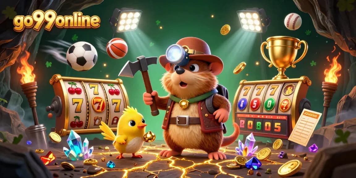 Engage with go99online's vibrant online gaming scene, featuring colorful slot reels and sports elements.