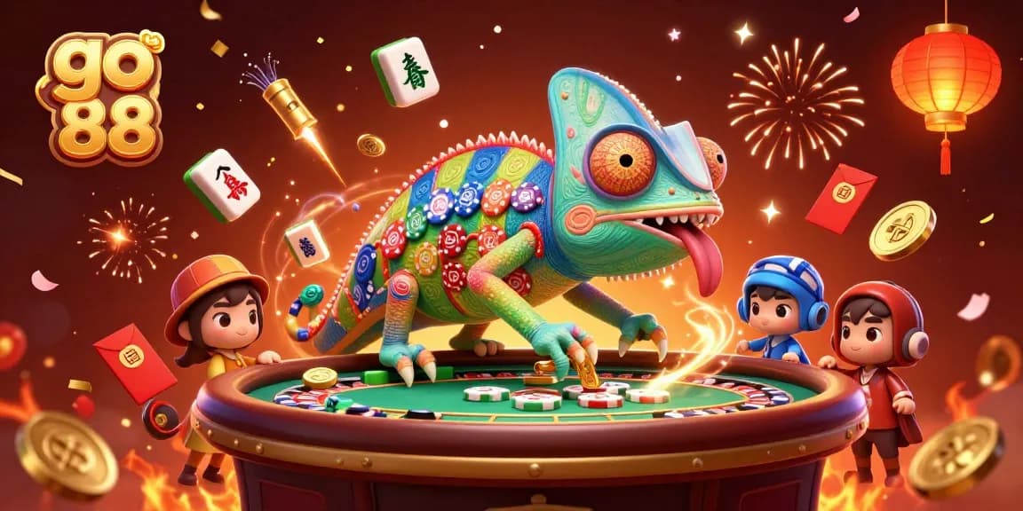 Engage with the vibrant scene of go 88, where the chameleon casino owner captures golden coins amidst festive gambling elements.