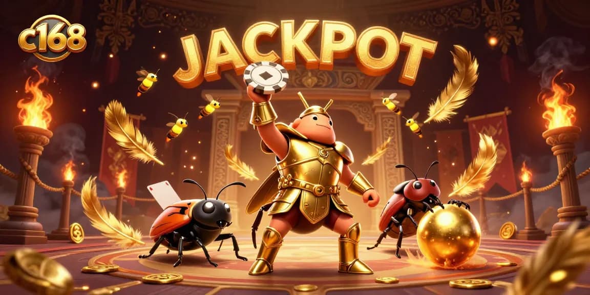 Join the excitement of c168 as a heroic beetle celebrates a big casino jackpot amidst dynamic gambling elements.