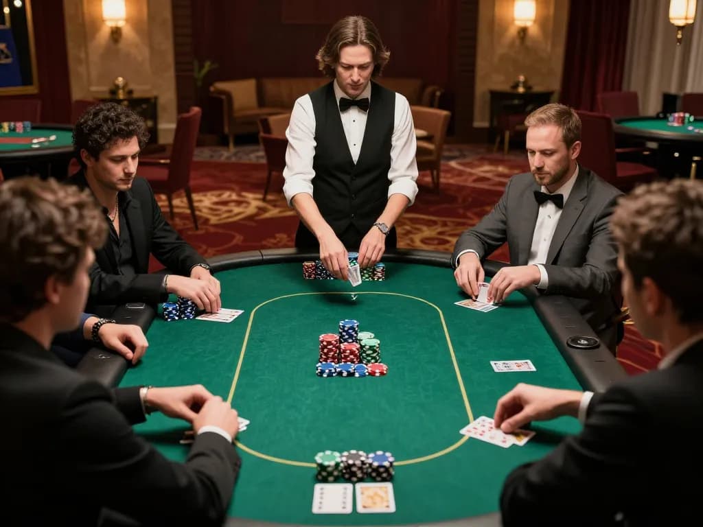 Players compete in a high-stakes game at a casino poker table, showcasing 789WIN strategy.