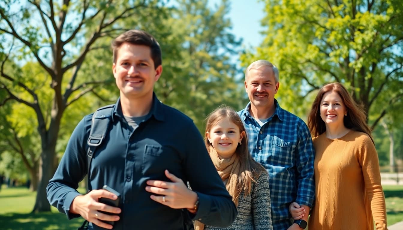 Family Protection demonstrated by a bodyguard ensuring safety for a family in a serene park.