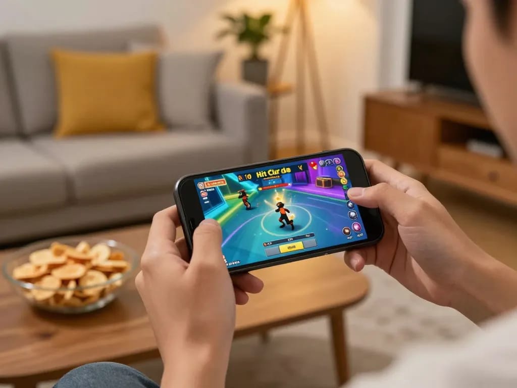 Play and tải hitclub on mobile, showcasing an engaging online casino experience in a cozy setting.