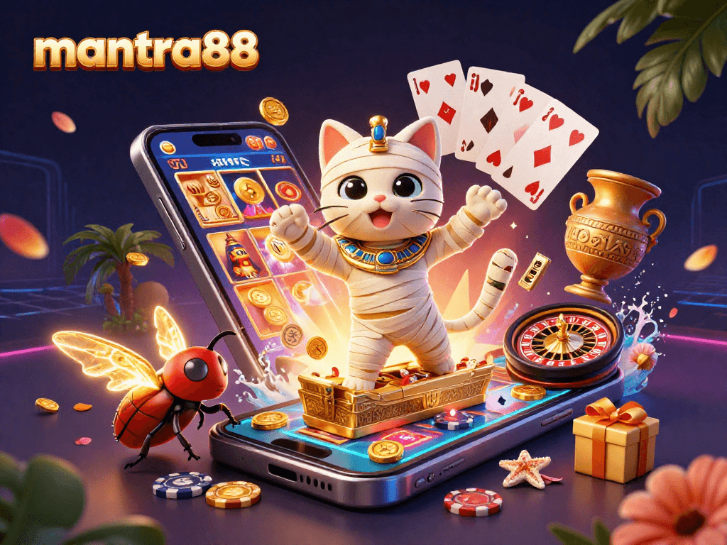 Experience the thrill at mantra88 with a lively casino scene featuring a mummy cat and dynamic slot action.