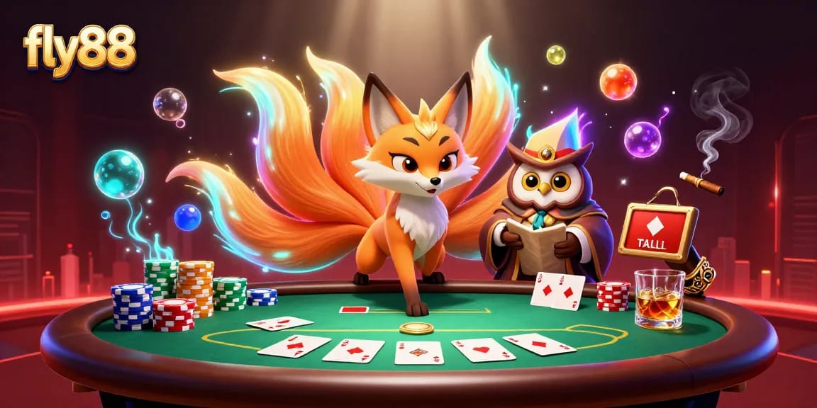 Experience excitement with fly88: an animated scene of colorful characters and poker elements.