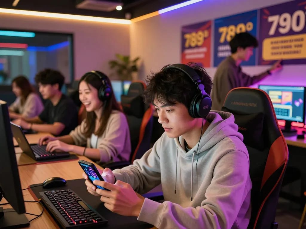Exciting gaming lounge scene highlighting players using the 789club app, capturing vibrant interactions and promotions.