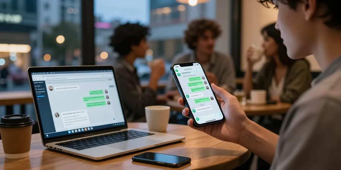 Engaged user exploring GB WhatsApp app features on smartphone in lively urban café setting, highlighting its social connectivity.