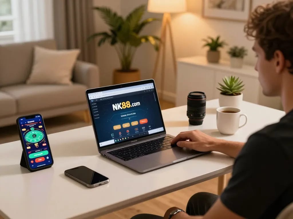 Player experiencing NK88.com online casino gaming on a laptop with cozy home setup and ambient lighting