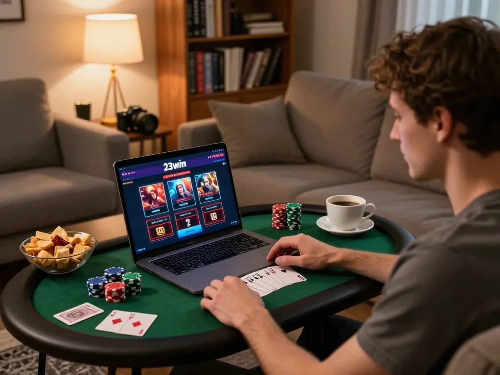 Engaging home gaming scene featuring 23win casino interface on a laptop.
