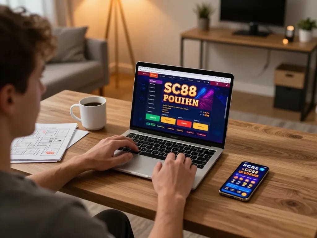 Player experiencing exciting online gaming at SC88 on their laptop with engaging visuals.