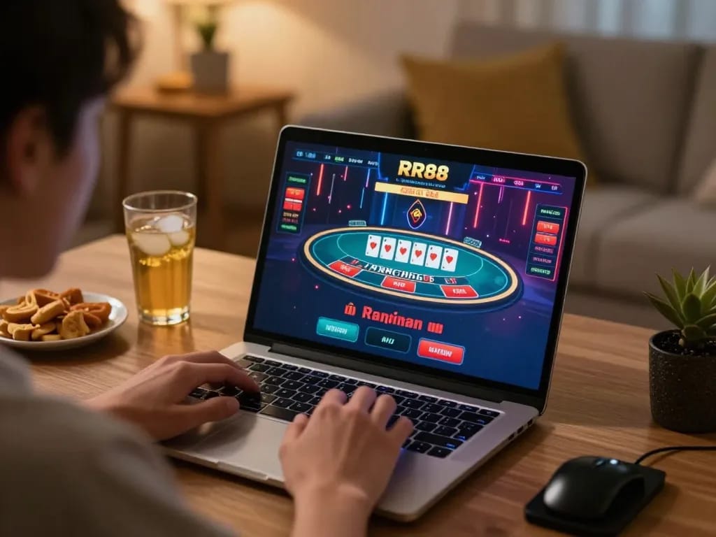 Player engaging with RR88 online casino on laptop, focused on live dealer game setup, showcasing strategic gaming.