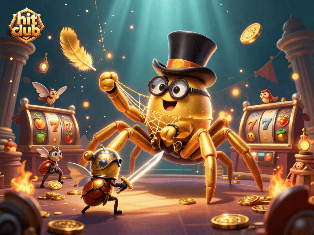 Engage in the hit club excitement with a golden tarantula, brave beetle knight, and vibrant casino elements.