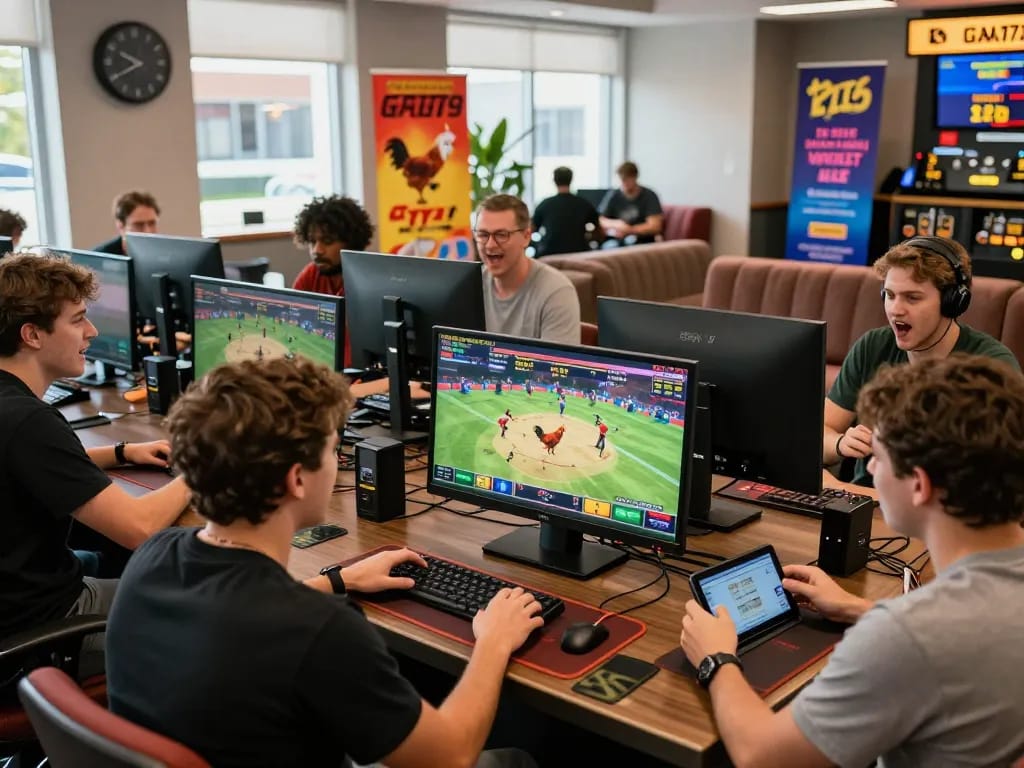 Exciting betting atmosphere at GA179 with live chicken fighting on display, showcasing players engaged in online gambling.