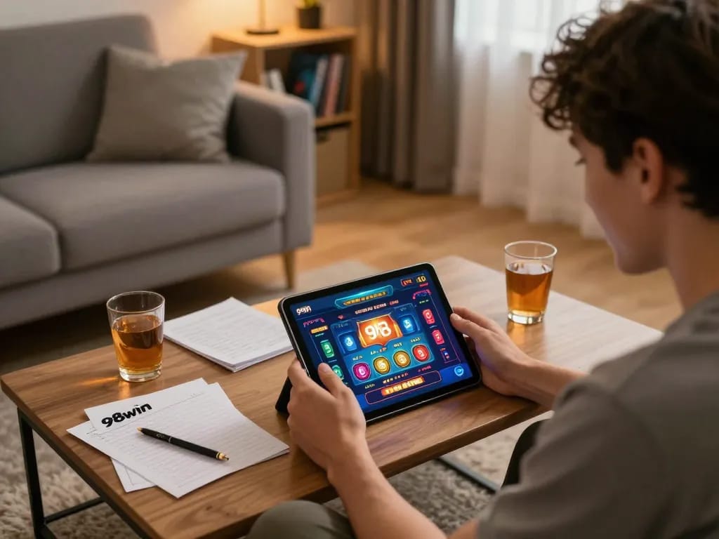 Player enjoying a dynamic game on 98win casino app in cozy home setting, showcasing a responsible gaming experience.