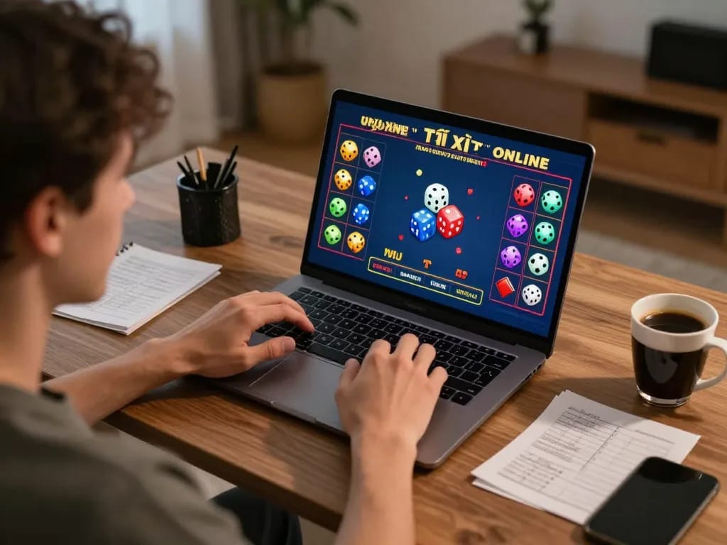 Tài xỉu online gameplay on a laptop with a user focused on betting strategy.