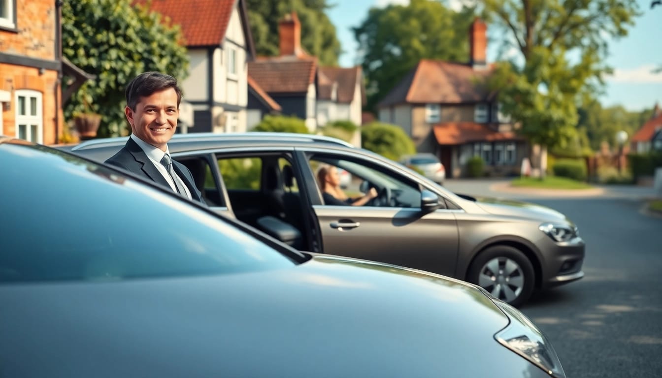 Taxi service in West Byfleet showcasing a welcoming driver beside a parked vehicle.
