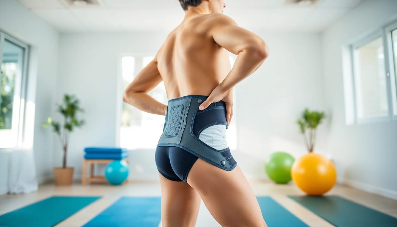 Hip brace for hypermobility worn by an individual demonstrating support and stability in a therapeutic environment.