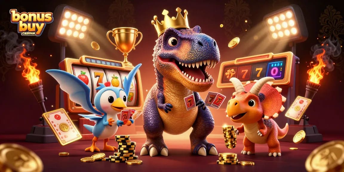 Engaging scene showcasing bonus buy casinos with a T-Rex and friends enjoying slot games and stacking chips.