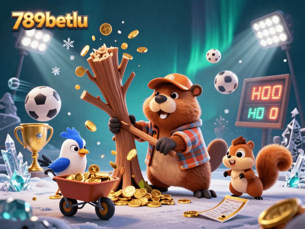 Collect golden coins with 789betlu as a beaver, bird, and squirrel celebrate winning at a vibrant casino scene.