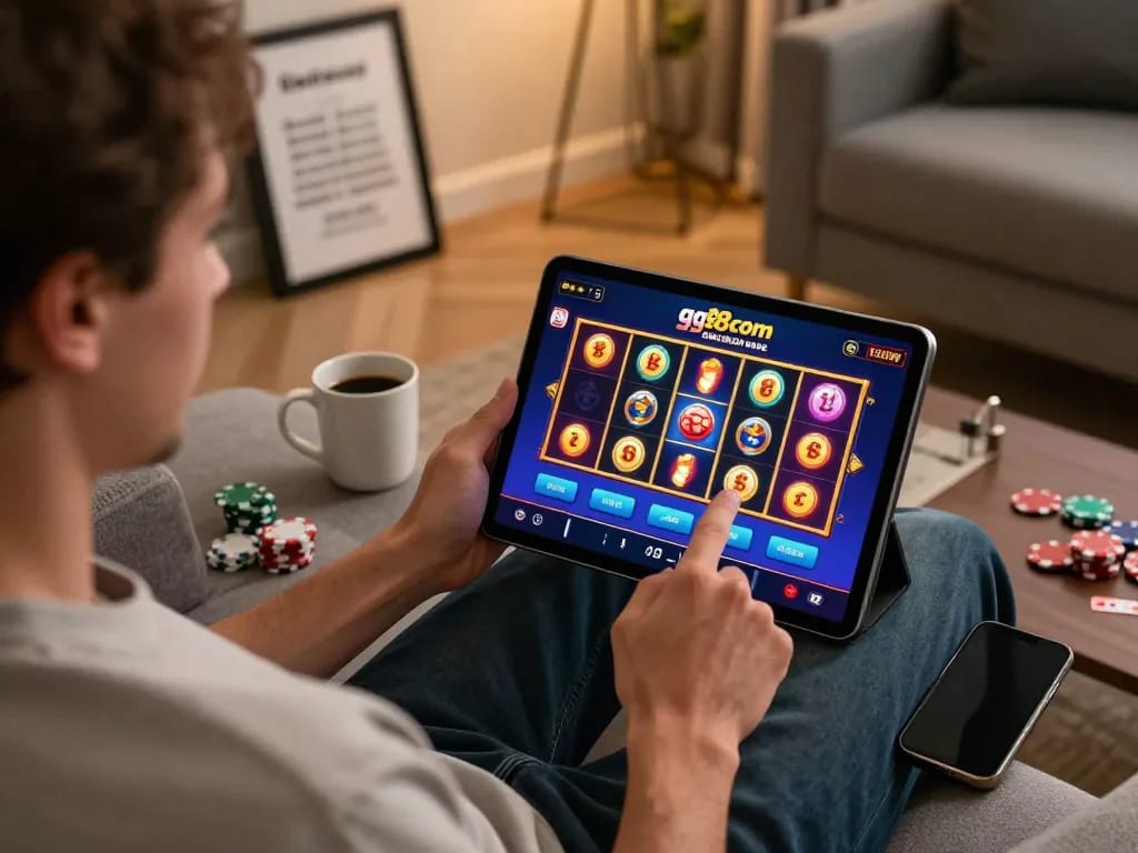 Player enjoying gamified experiences on gg88com app with vibrant slot visuals in a cozy setup