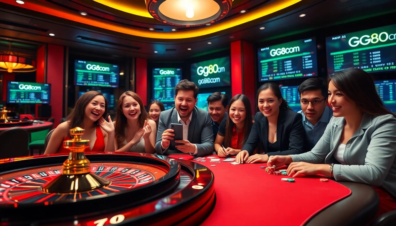 Players enjoy a thrilling online casino experience at gg88com, featuring roulette and poker tables.
