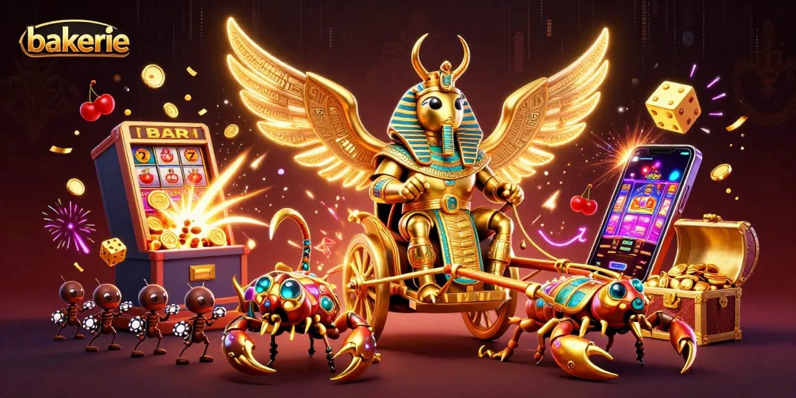 Join the gaming excitement at bakerie with our vibrant casino scene, featuring a golden scarab and dazzling jackpots.